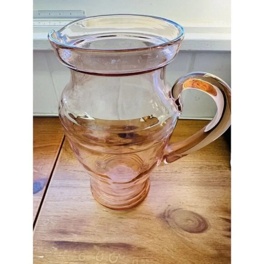 Depression Glass Pitcher Peachy Pink‎ Clear w/ Pattern Dot & Applied Handle VTG